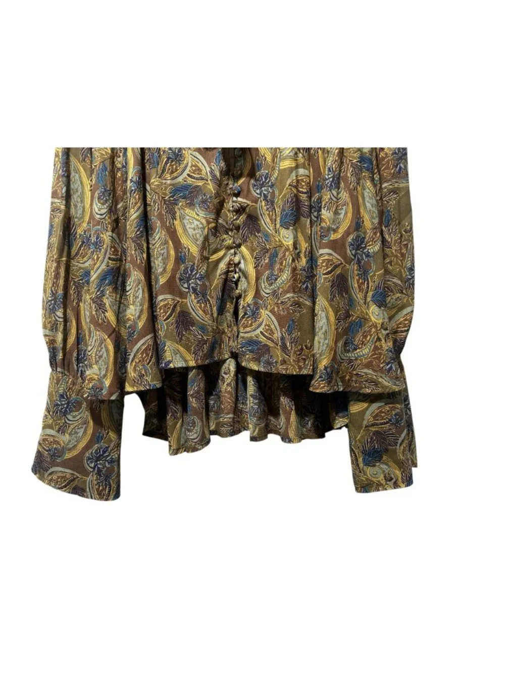 Free People Paisley Pleated Top Women Small Green Collared Tie Long Sleeve Flowy - Picture 10 of 16